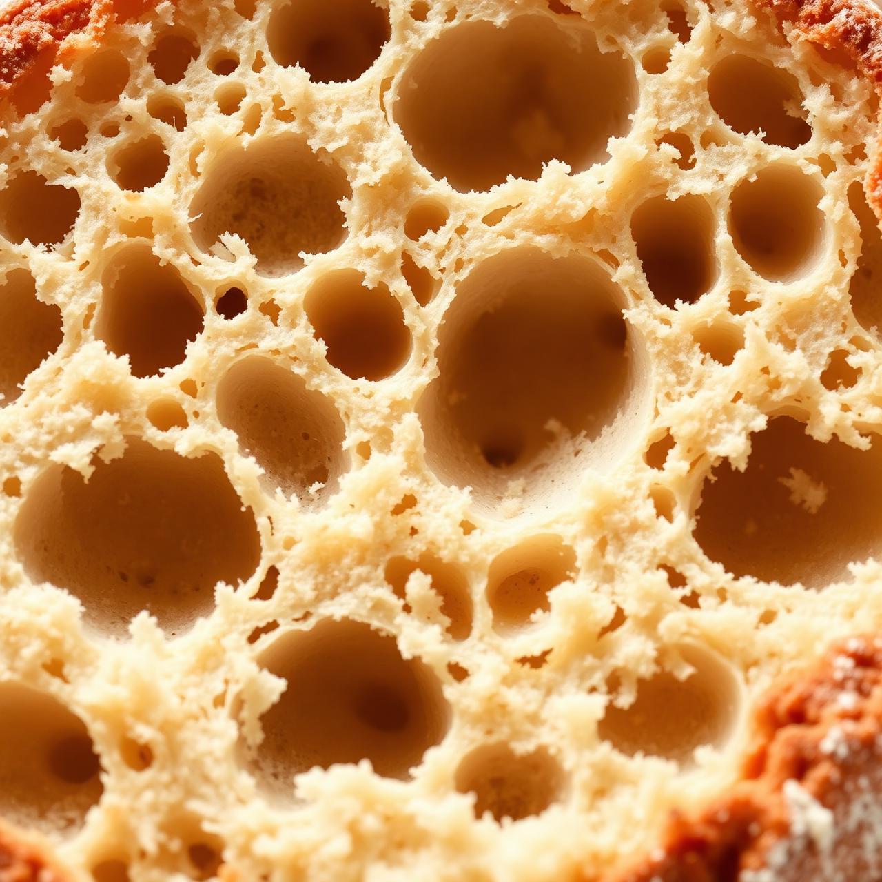 Open crumb of a sourdough loaf with airy holes