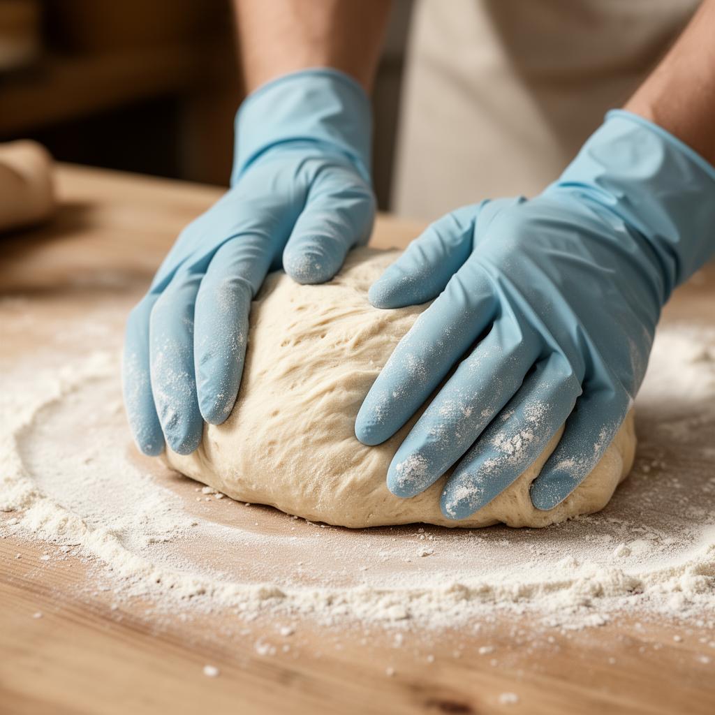 Flour-dusted hands shaping dough on a wooden table